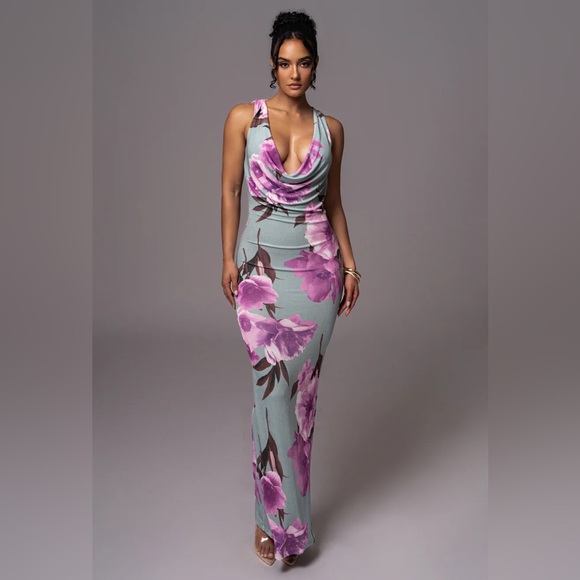 JLUXLABEL Dresses & Skirts - JLUXLABEL Sage Floral Slinky Highlights Cowl Neck Maxi Dress